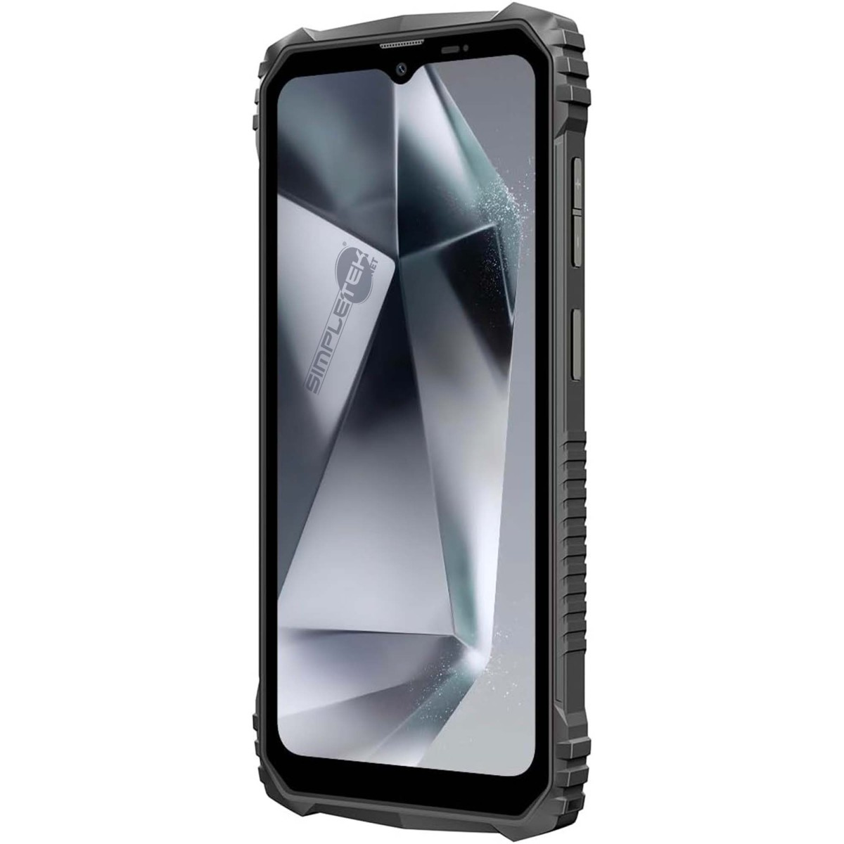 Uno smartphone grigio e robusto con una spessa custodia protettiva, pulsanti laterali e schermo astratto.