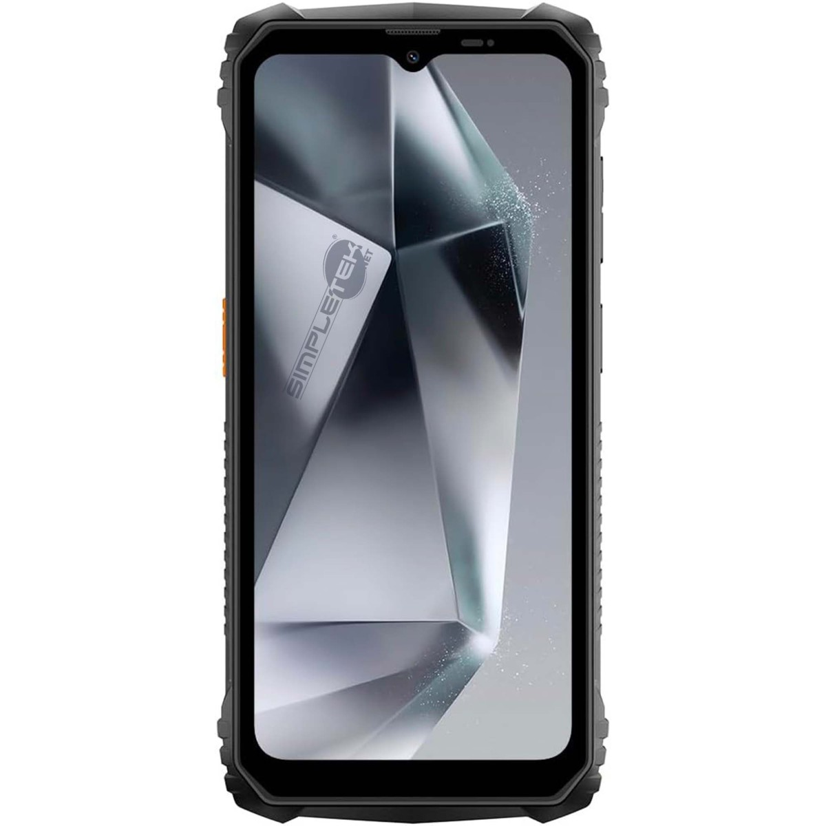 Uno smartphone nero robusto con angoli rinforzati e uno sfondo dello schermo astratto.