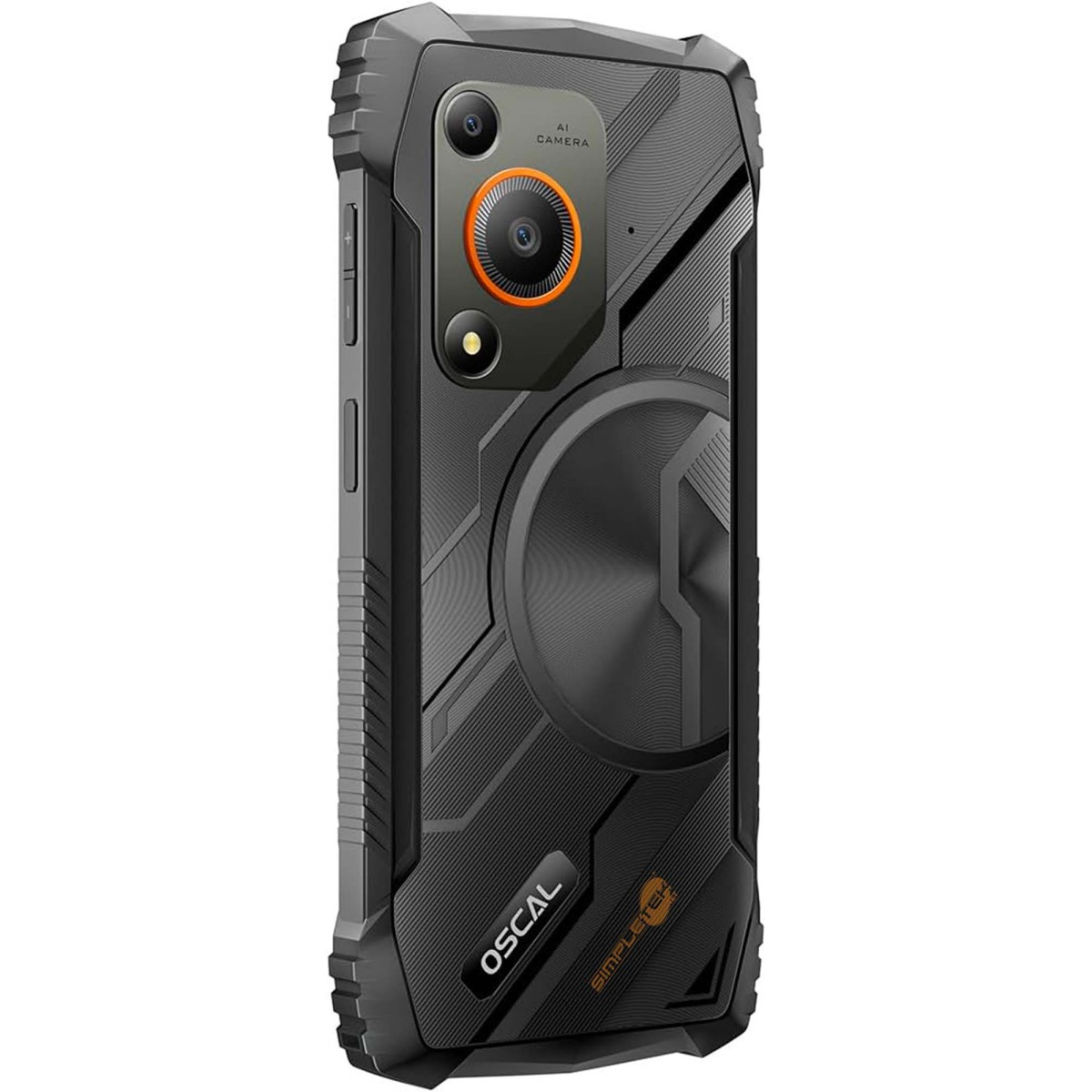 Retro di uno smartphone rugged nero con tripla fotocamera e dettaglio arancione.