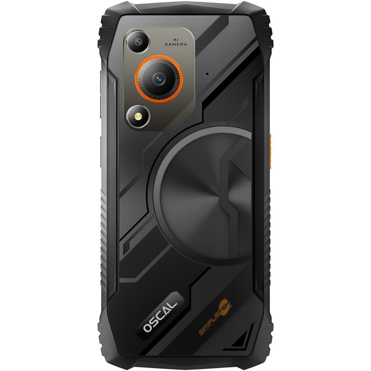 Retro di uno smartphone nero rugged Oscal con tripla fotocamera, dettagli arancioni e angoli rinforzati.
