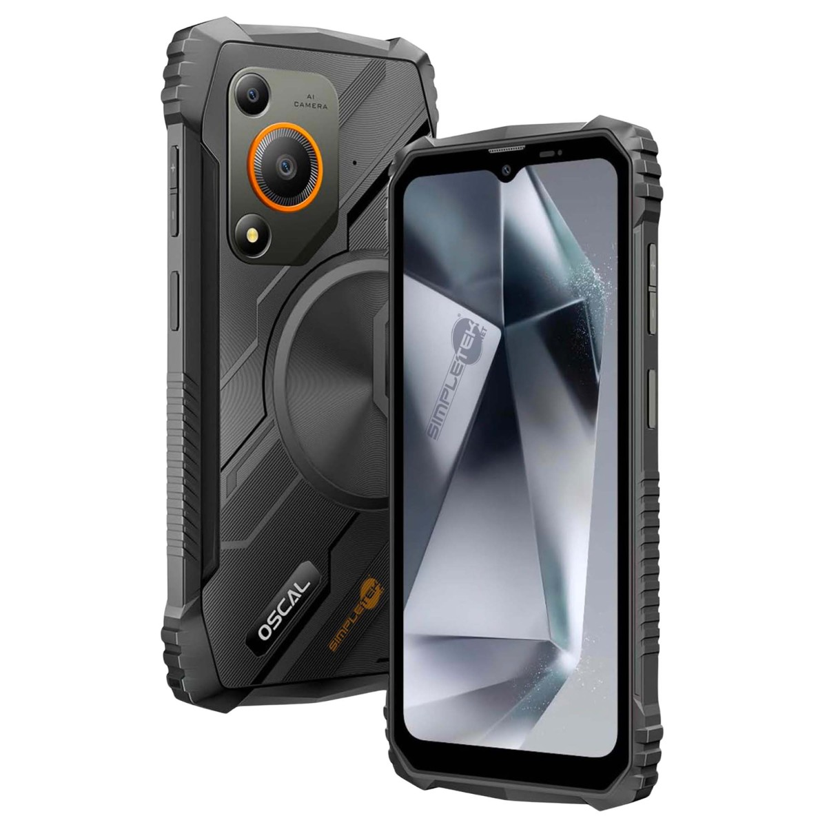 Uno smartphone grigio robusto mostrato con schermo e retro texturizzato.