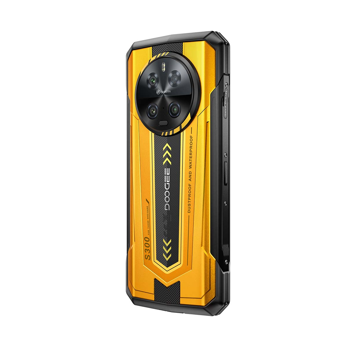 Uno smartphone rugged giallo e nero, vista posteriore, con tripla fotocamera.