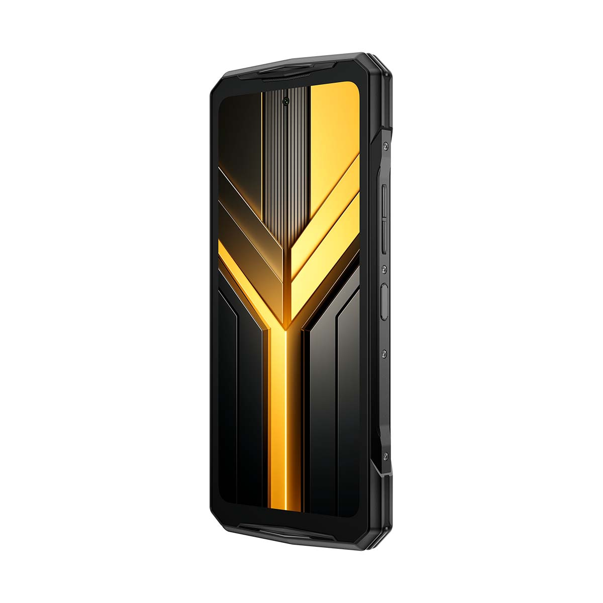 Smartphone nero robusto con grafica dello schermo gialla e nera, isolato su bianco.