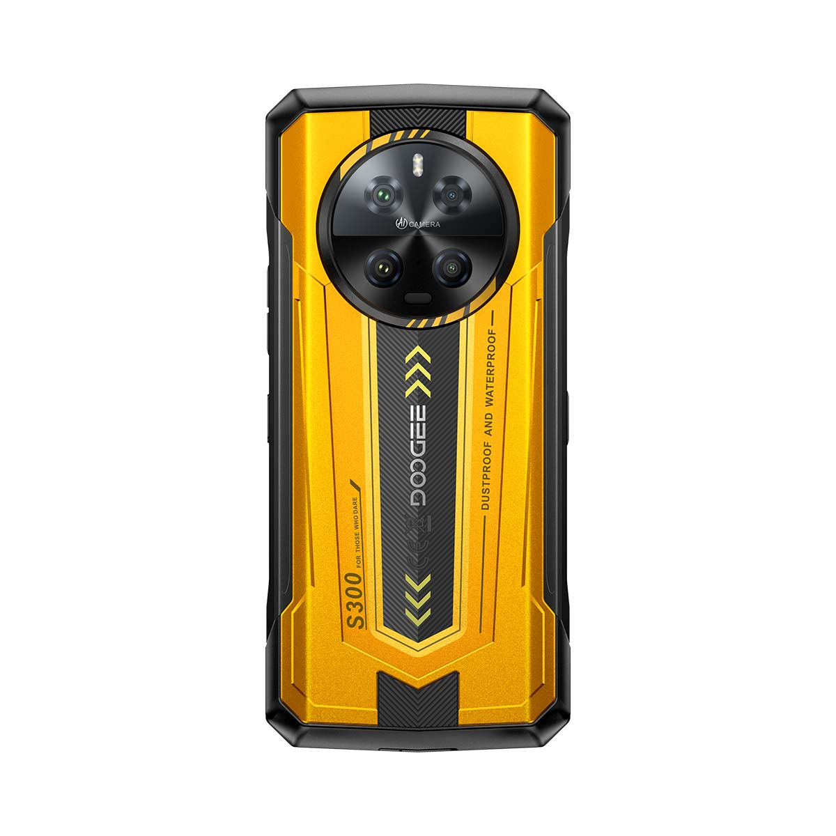 Retro di uno smartphone rugged Doogee S300 giallo e nero con fotocamera quadrupla circolare.