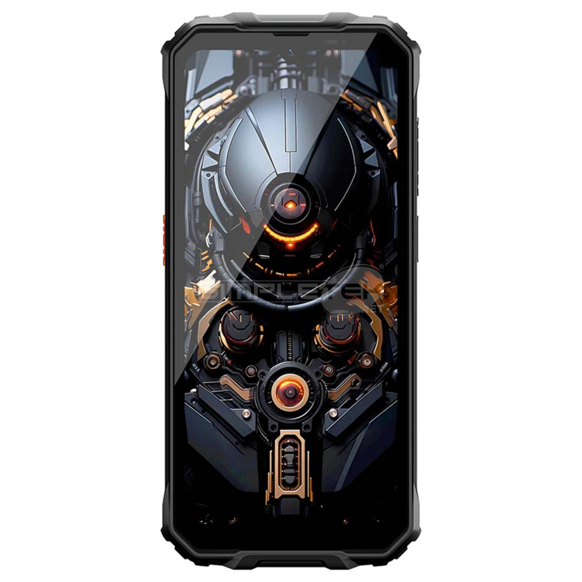 Uno smartphone rugged con custodia nera e sfondo robotico digitale sullo schermo.