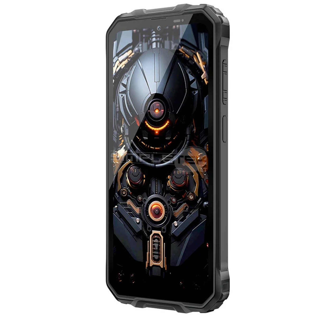 Uno smartphone nero robusto mostra sullo schermo un design futuristico e meccanico con dettagli luminosi.