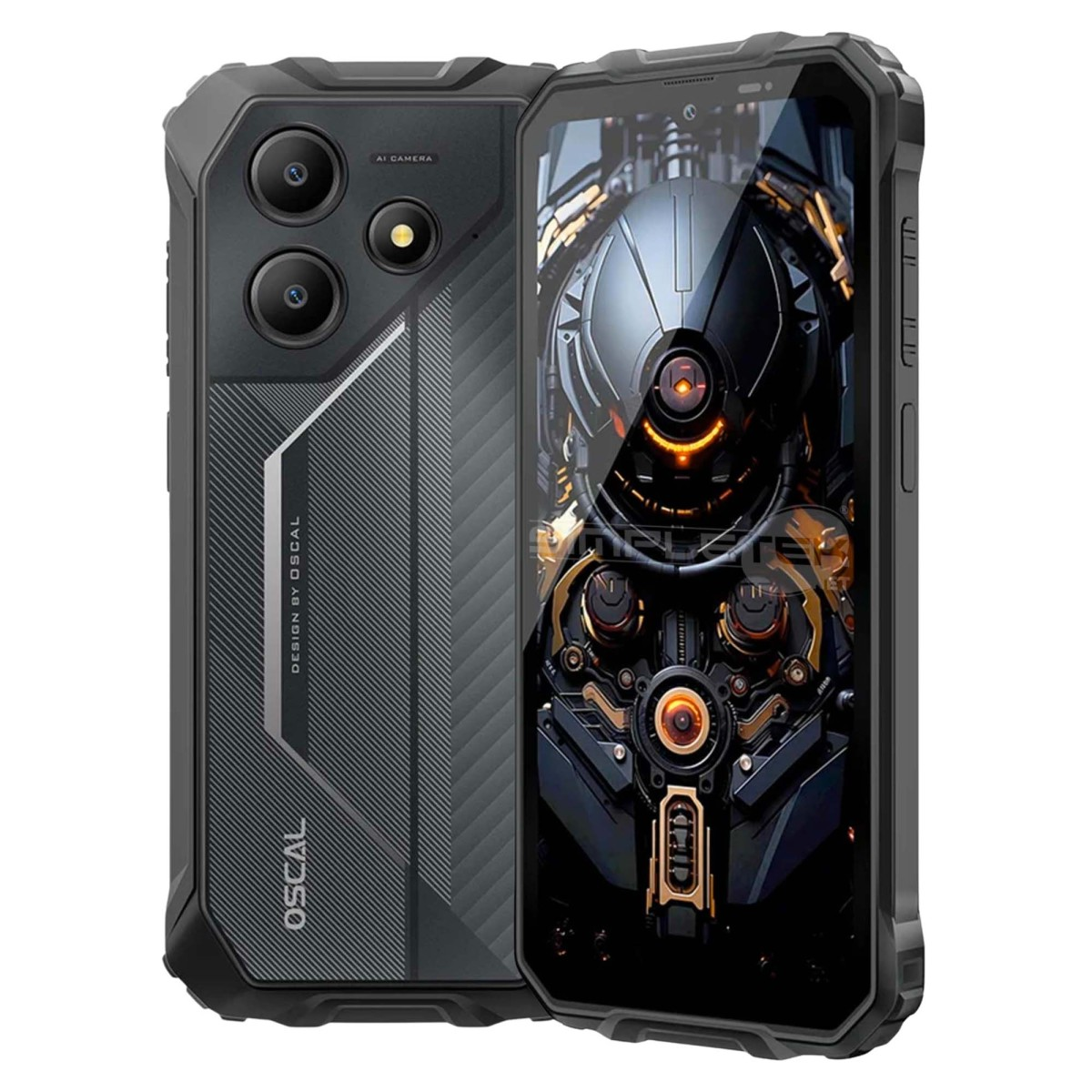 Uno smartphone nero robusto con doppia fotocamera posteriore e uno sfondo meccanico futuristico.