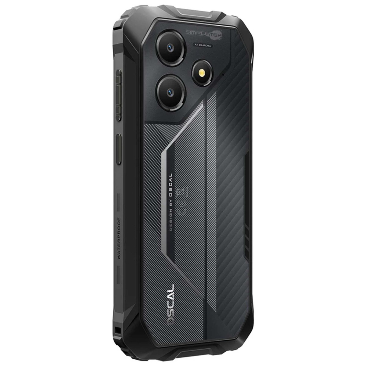 Retro di uno smartphone nero e robusto con due fotocamere, un flash e un motivo geometrico.