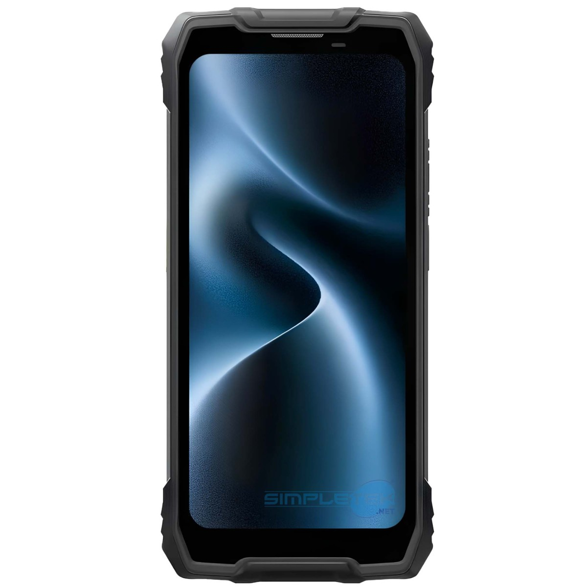 Uno smartphone nero robusto con angoli rinforzati e uno sfondo astratto blu e vorticoso sullo schermo.