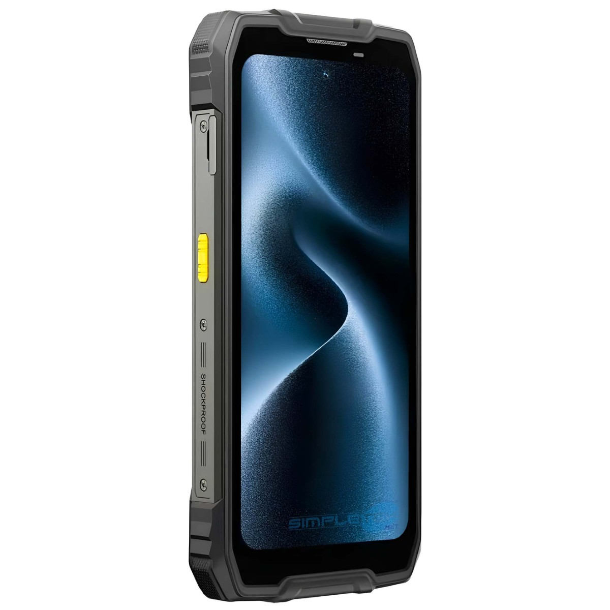 Uno smartphone robusto grigio scuro con schermo blu e pulsante laterale giallo.