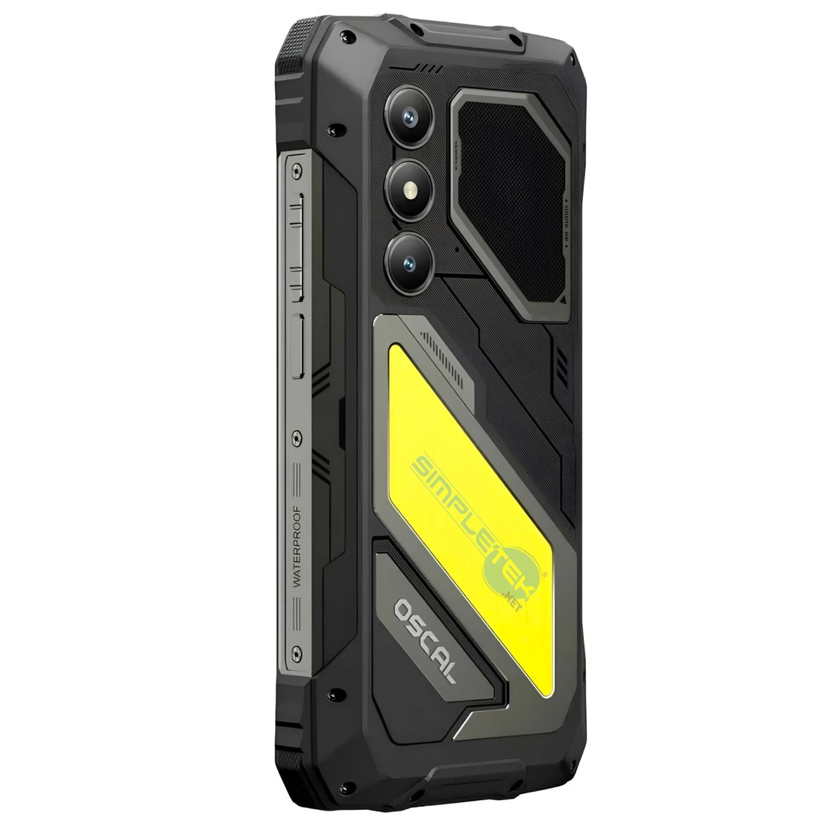 Il retro di uno smartphone nero e robusto con una piastra d'accento gialla e tre telecamere verticali.