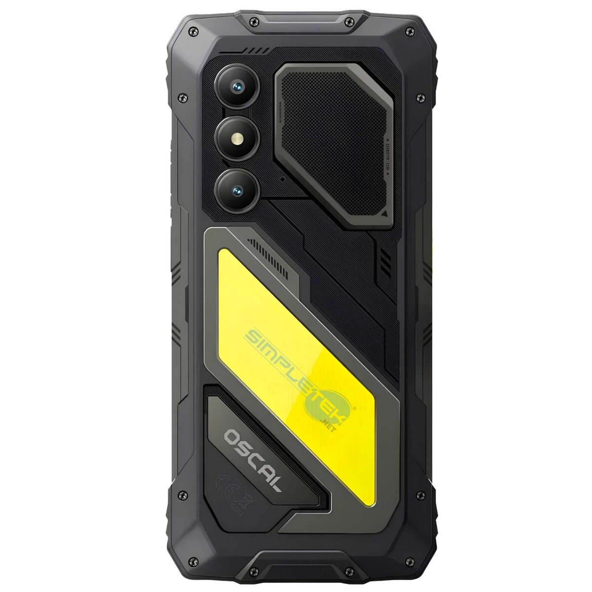Retro di uno smartphone nero robusto con tripla fotocamera, accento giallo e logo.