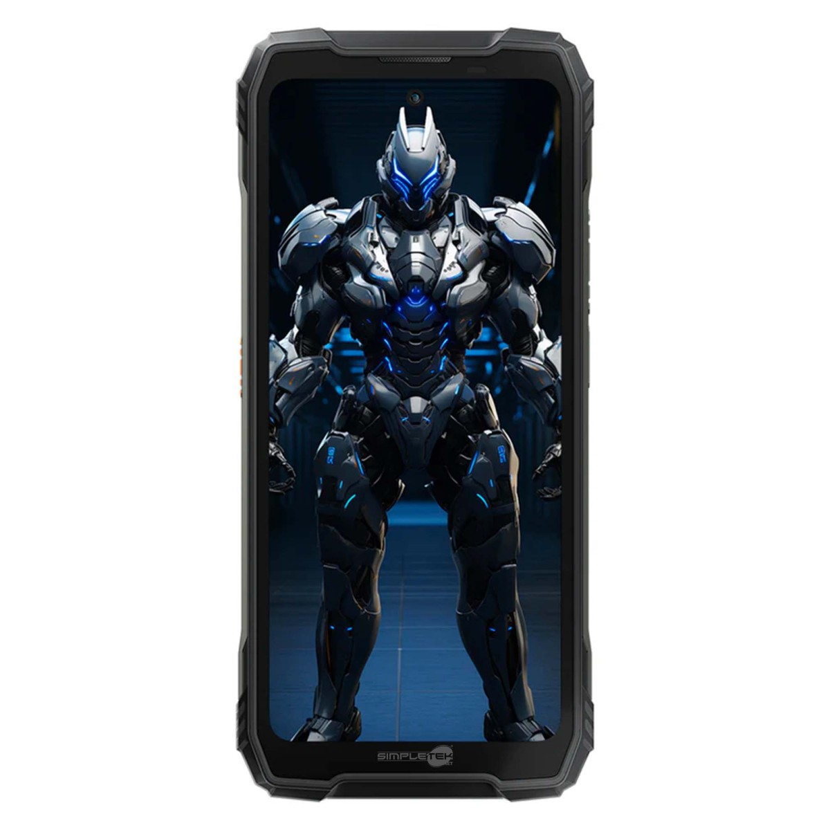 Uno smartphone rugged mostra sullo schermo un guerriero fantascientifico futuristico con un'armatura blu luminosa.