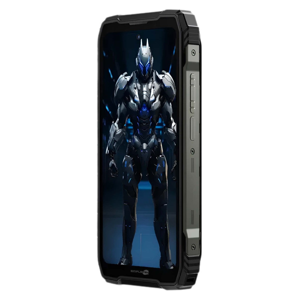 Uno smartphone robusto mostra la grafica di un robot fantascientifico sullo schermo illuminato.