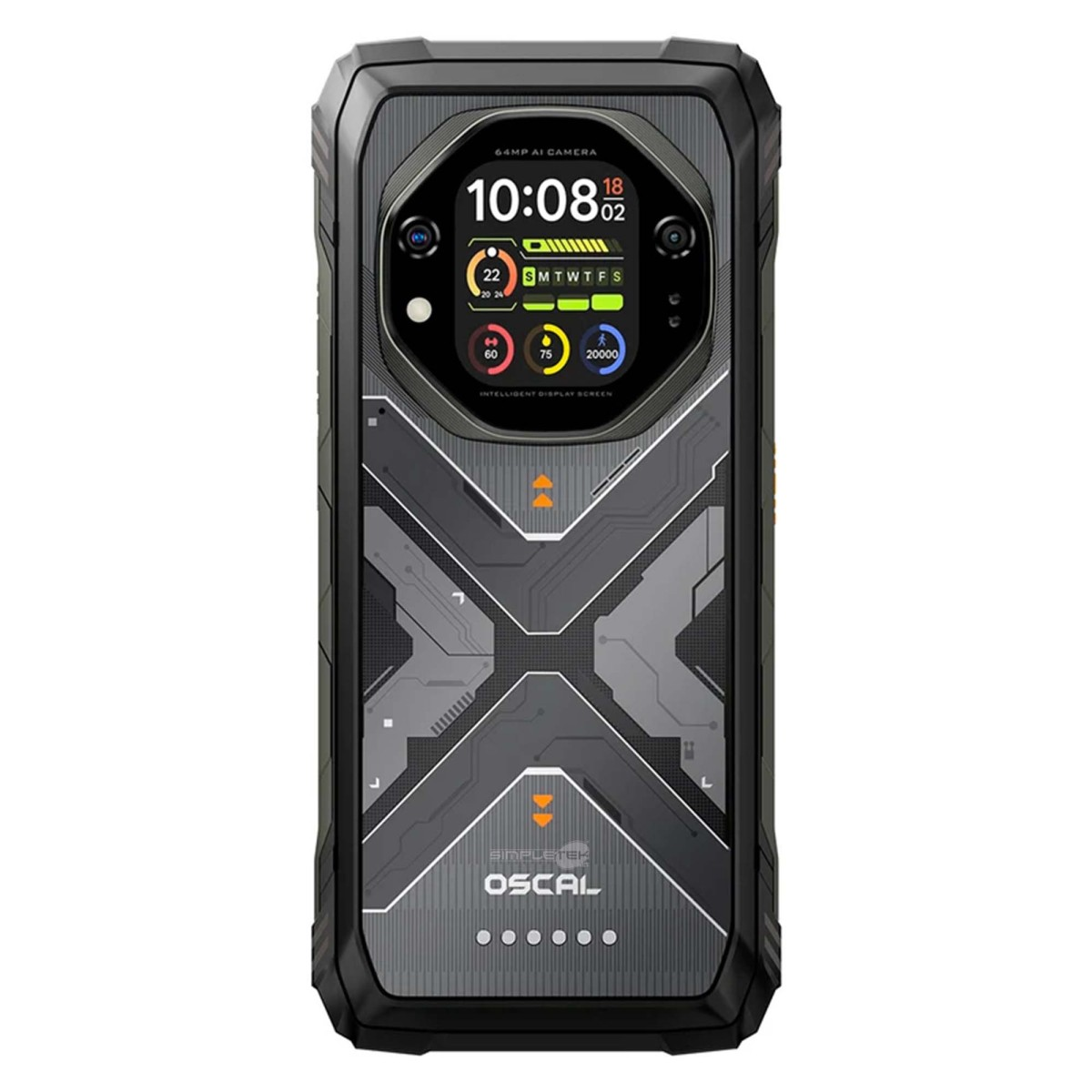 Smartphone nero robusto con schermo circolare secondario e design a forma di X sul retro.
