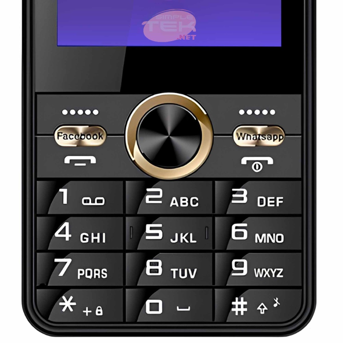 Primo piano della tastiera di un telefono cellulare nero con dettagli dorati e pulsanti fisici.