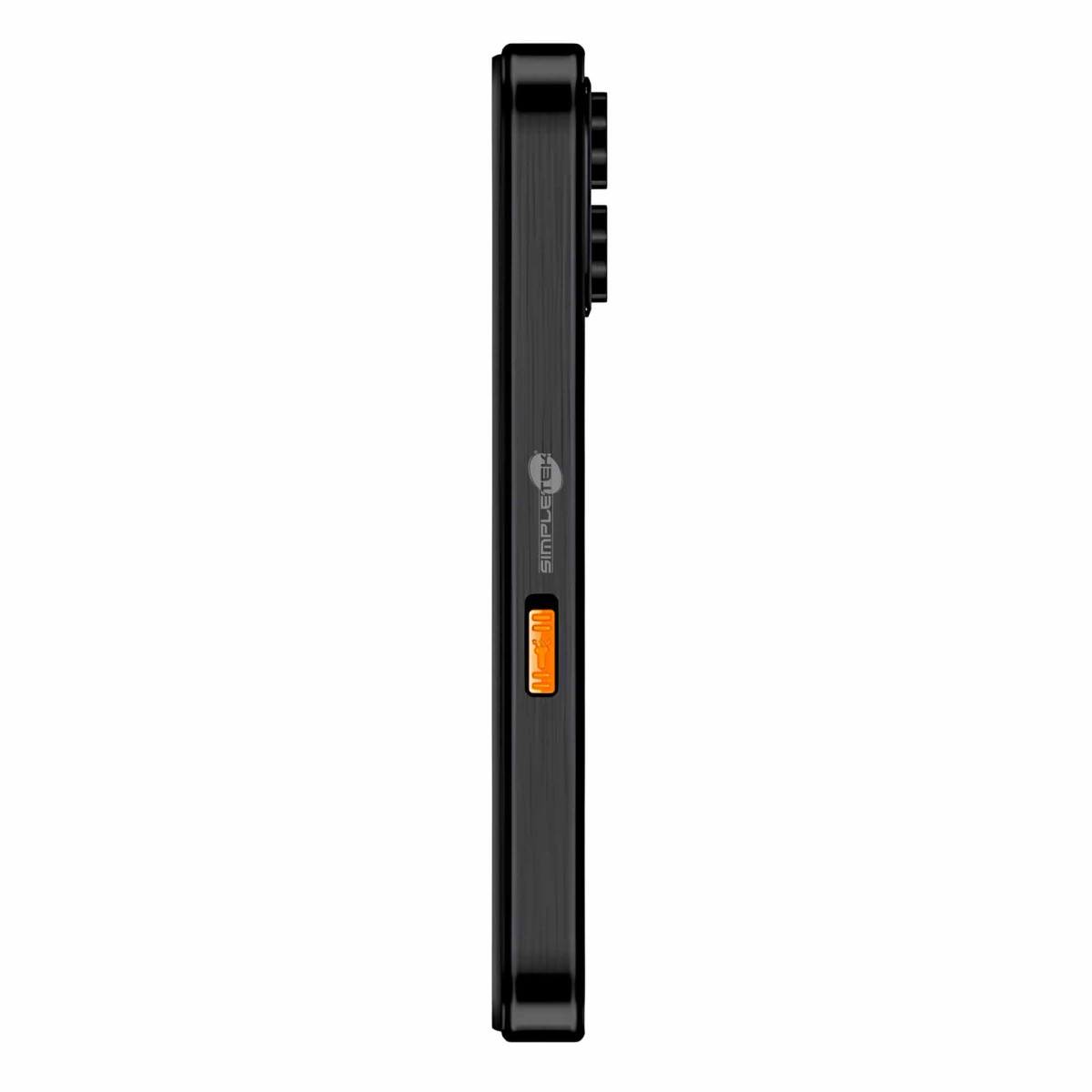 Vista laterale di uno smartphone nero con un pulsante funzione arancione e slot SIM.