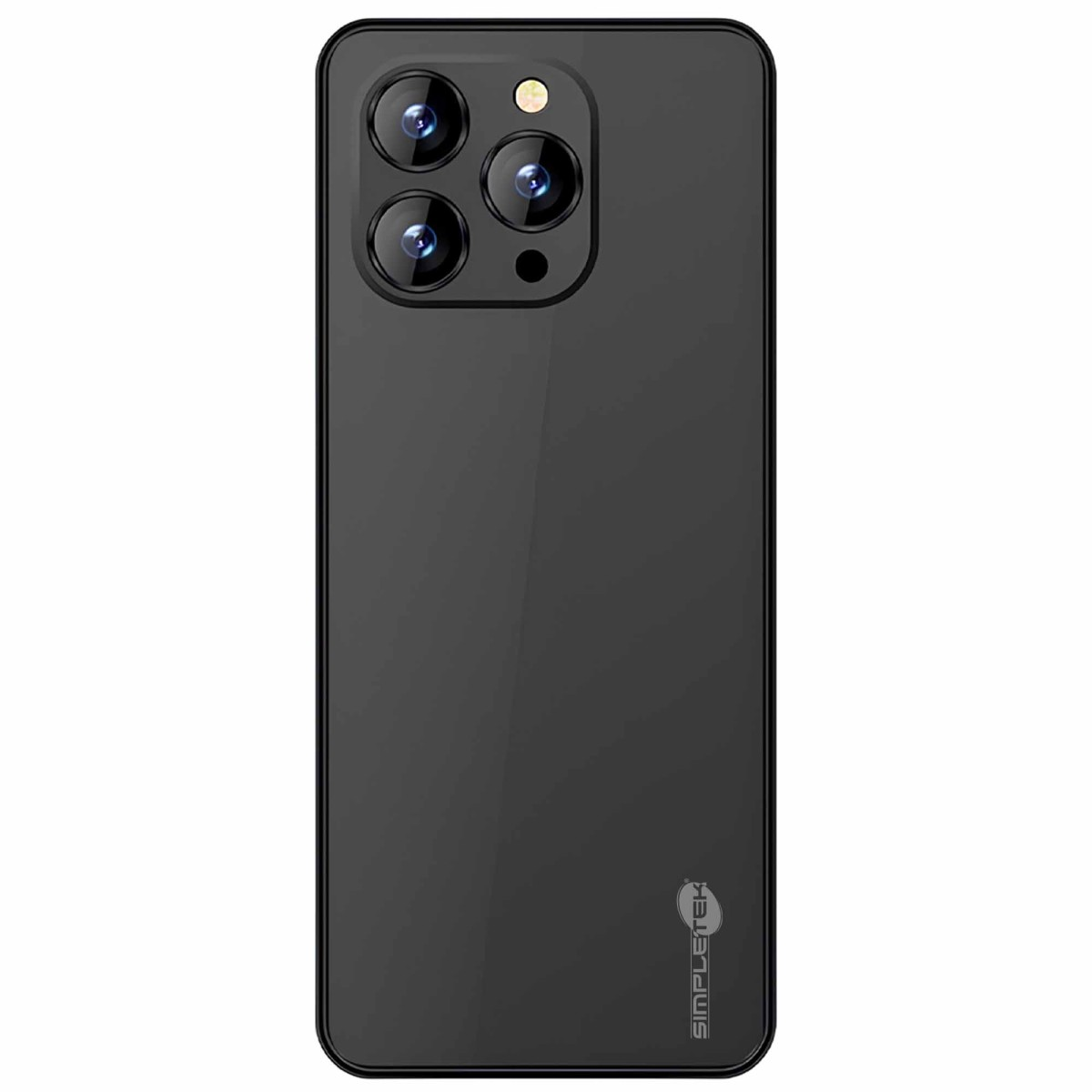 Retro di uno smartphone nero con tripla fotocamera, flash e logo Simpletek.