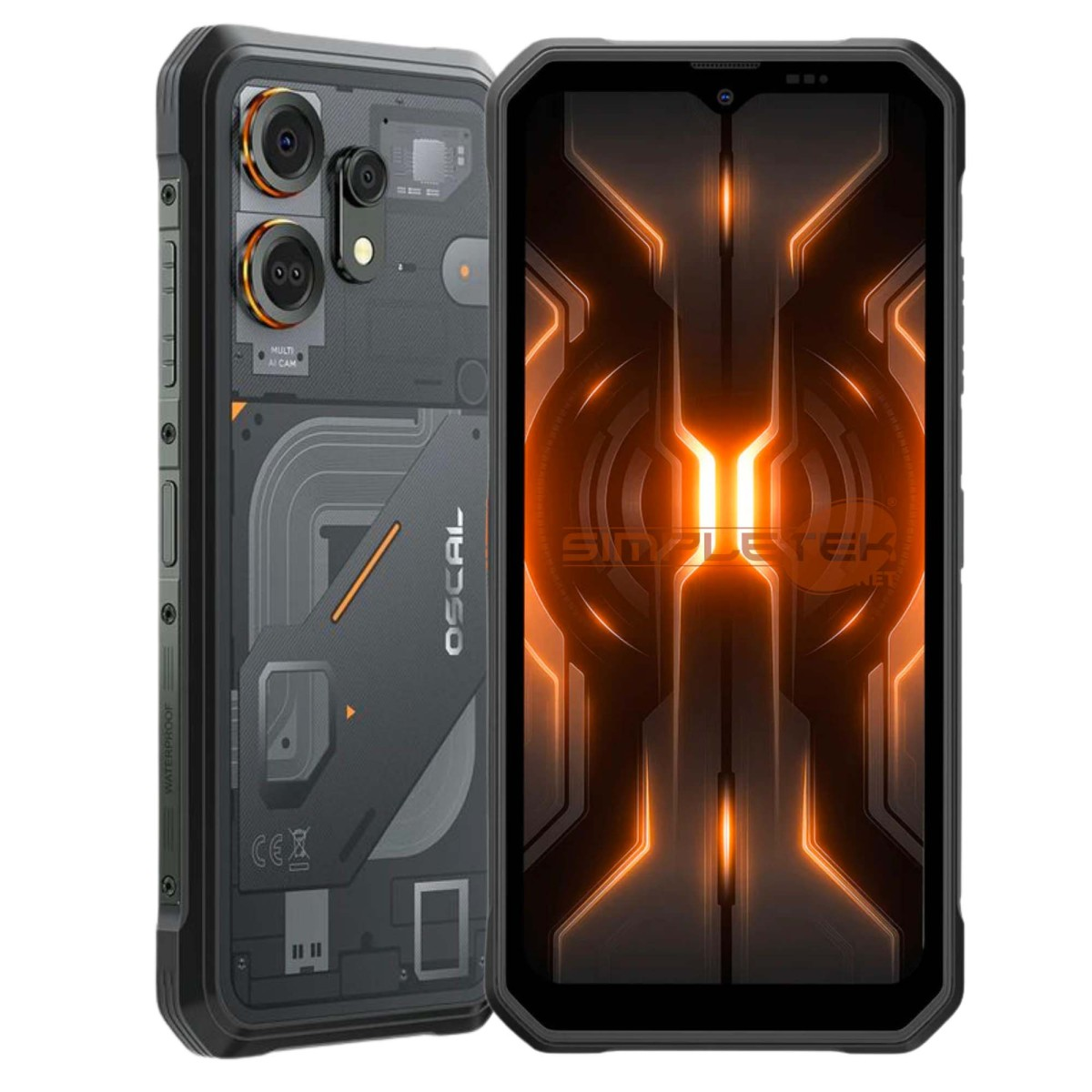 Uno smartphone rugged mostrato fronte e retro, con design cyberpunk arancione e nero e fotocamera a più lenti.