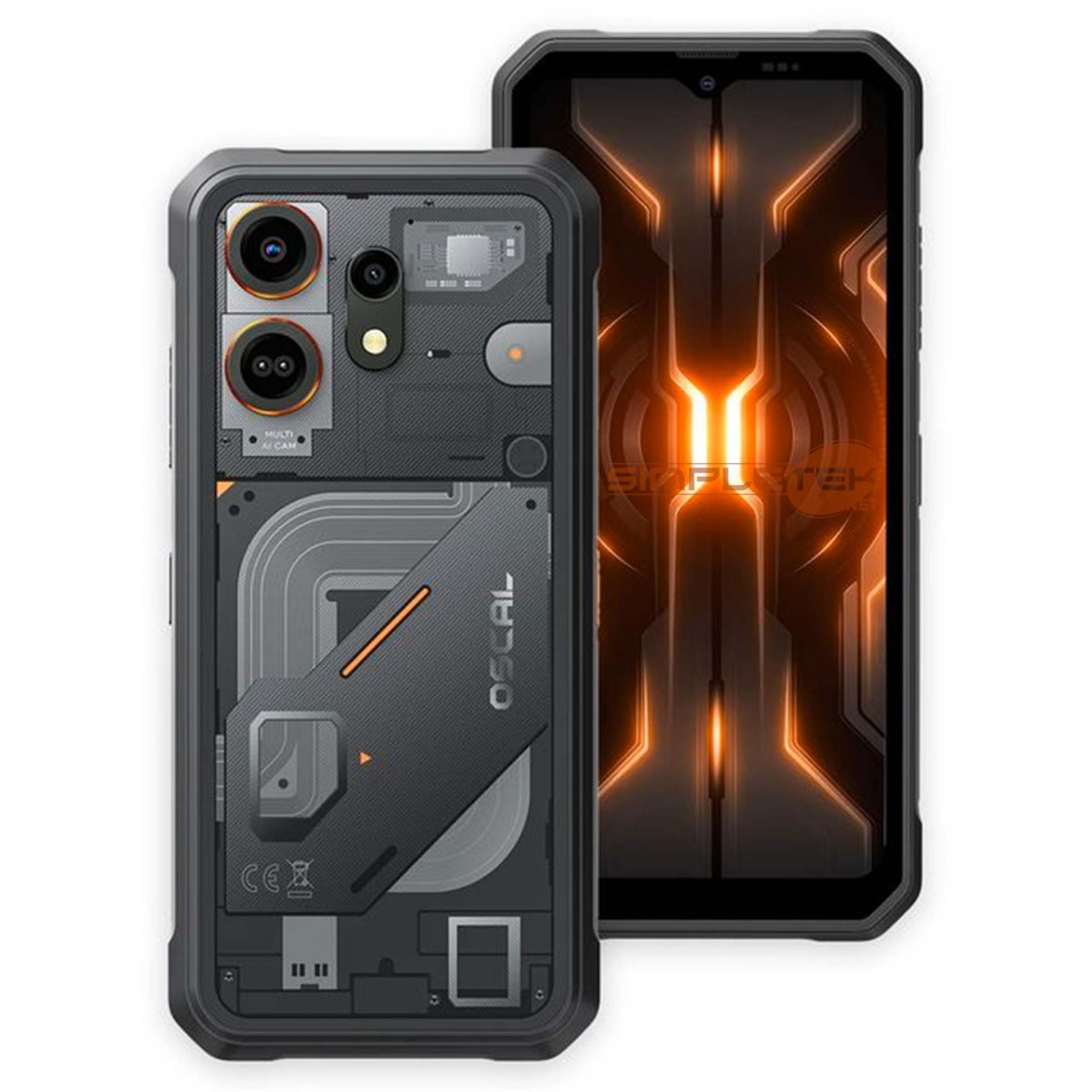 Uno smartphone rugged mostra il fronte e il retro con un design futuristico e tecnico in grigio e arancione.