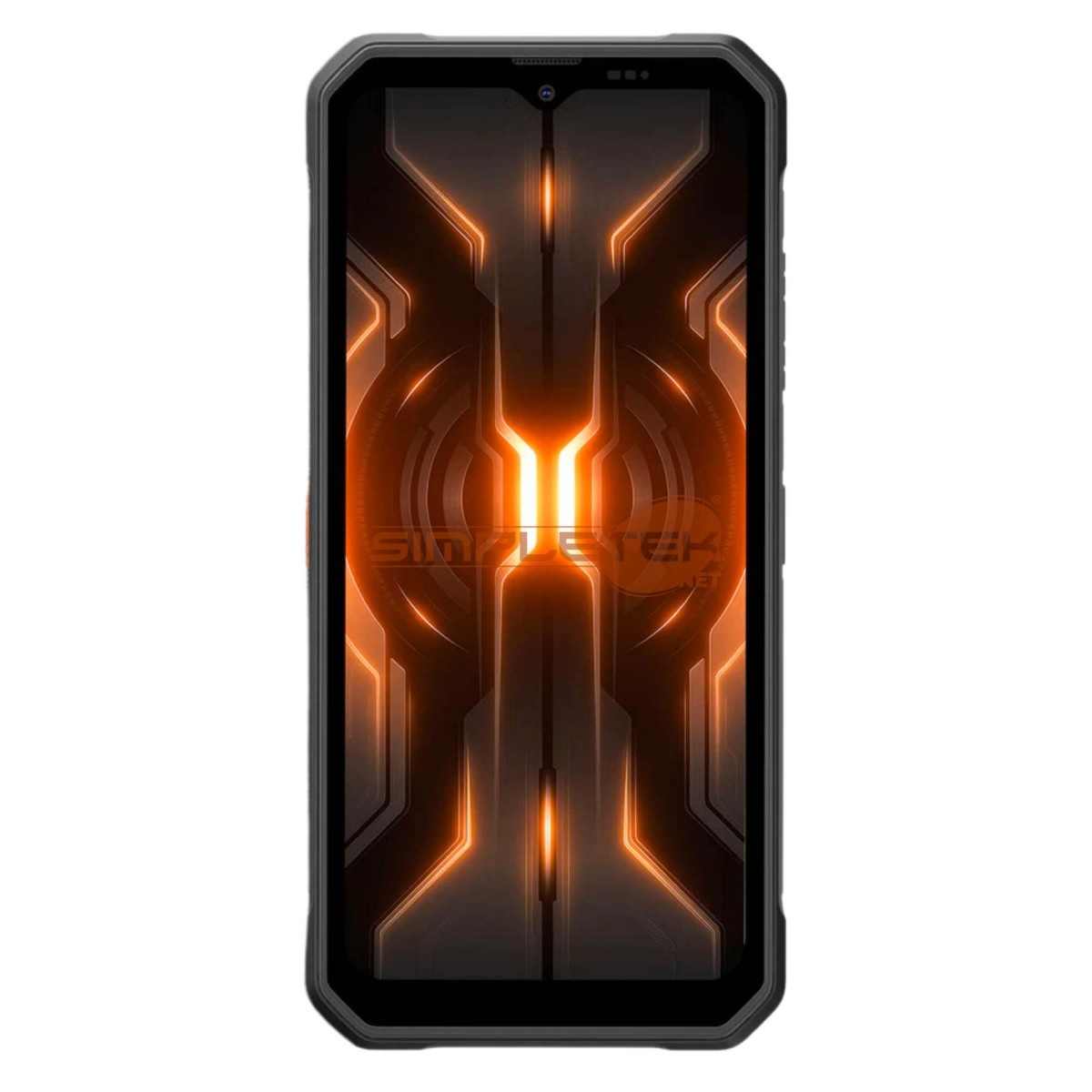 Uno smartphone robusto con cornice scura e sfondo geometrico luminoso arancione.