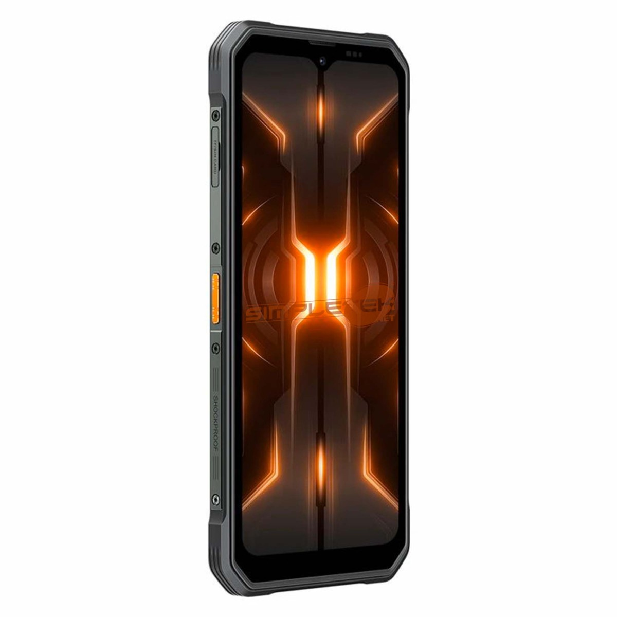 Uno smartphone robusto grigio scuro con un motivo geometrico arancione brillante sullo schermo.