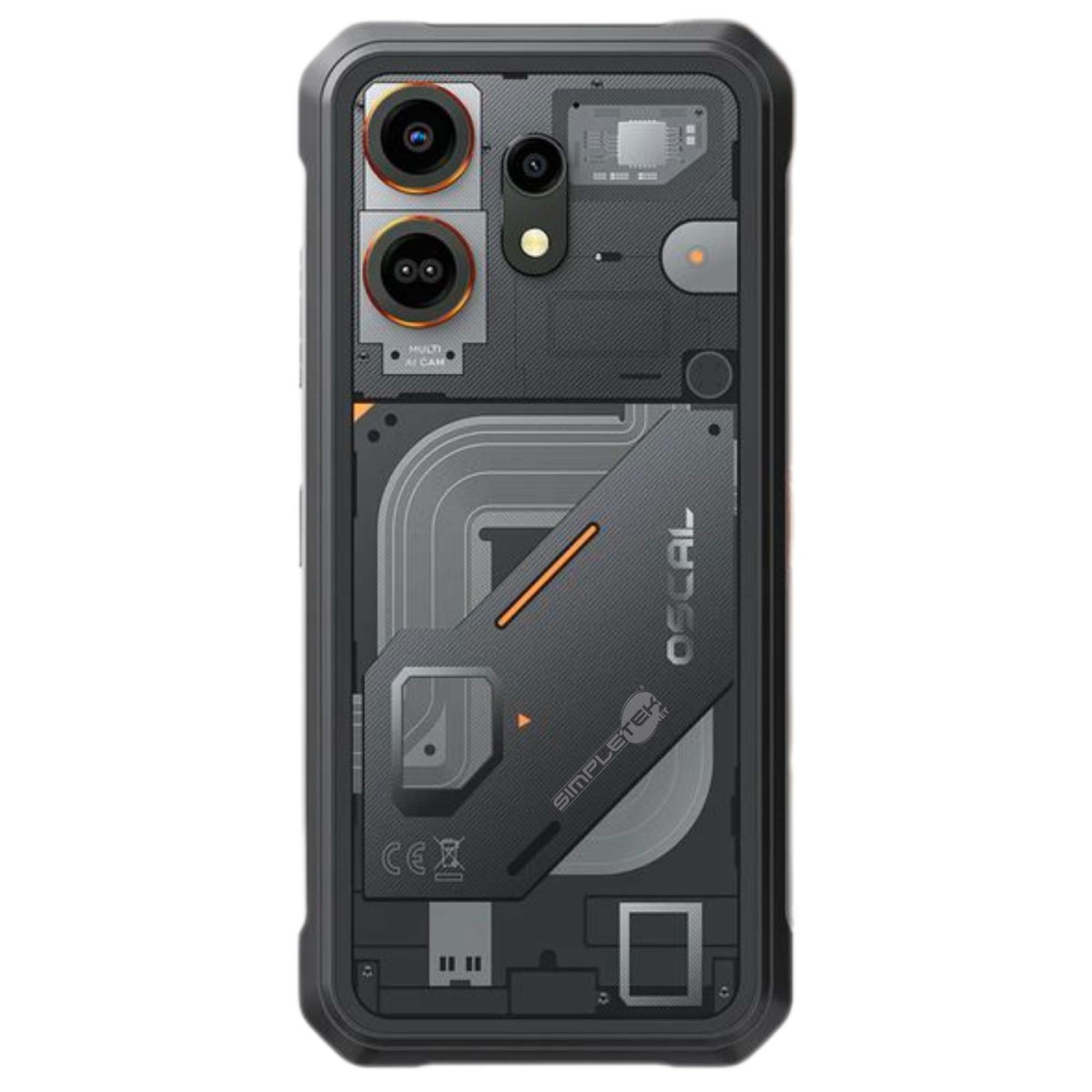 Retro di uno smartphone Oscal grigio e robusto con componenti interni visibili e fotocamera.