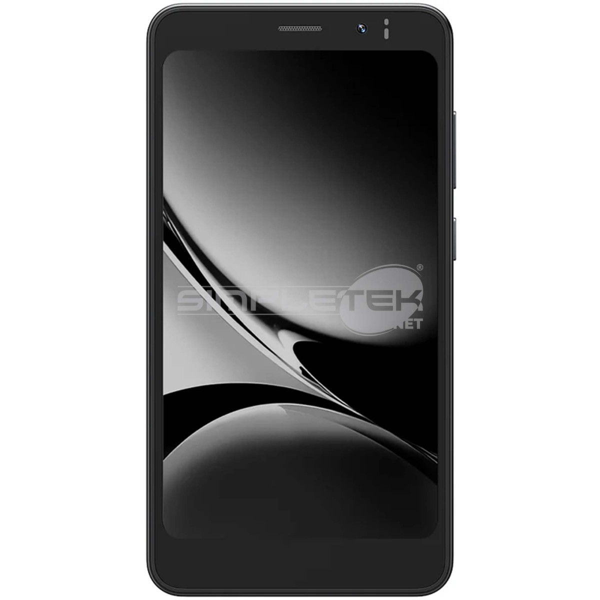 Uno smartphone nero con uno sfondo astratto curvo in bianco e nero.