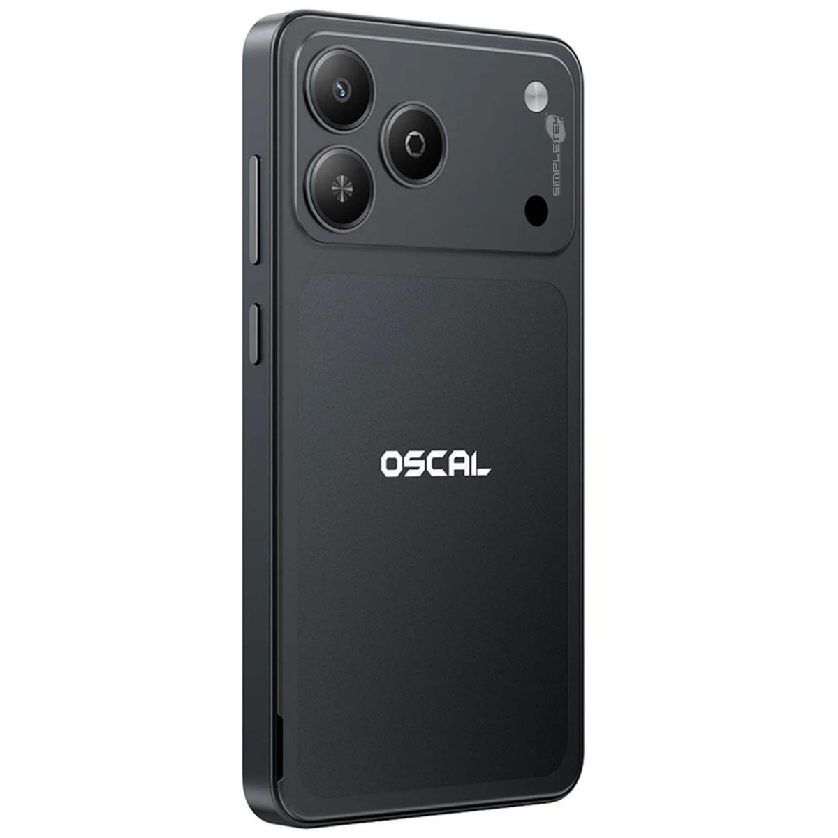 Retro di uno smartphone nero Oscal con tripla fotocamera, flash e logo.