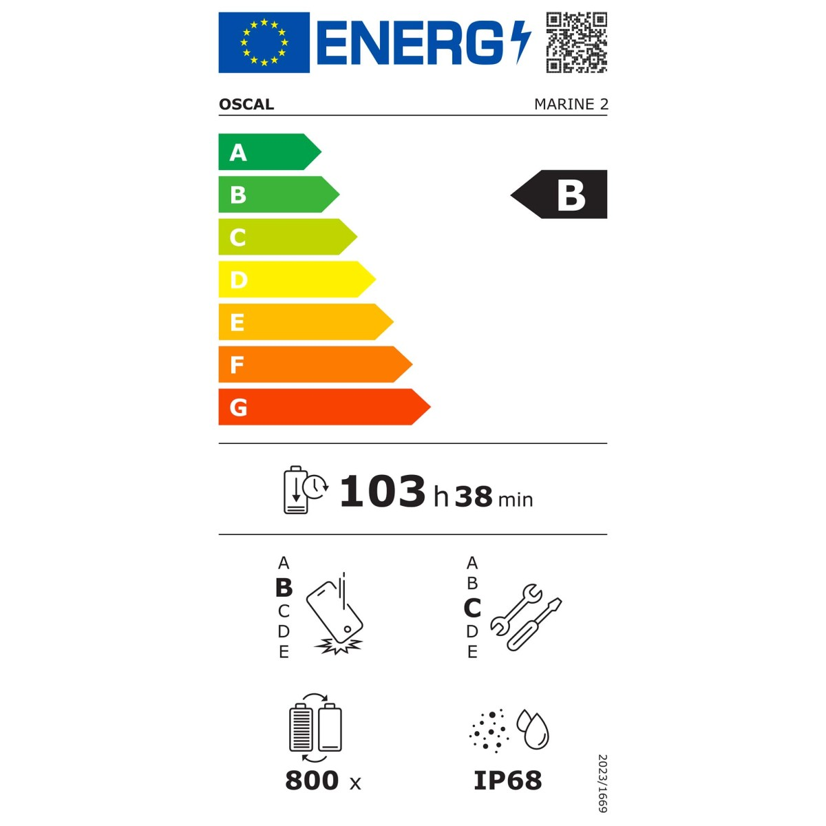 Etichetta energetica Oscal Marine 2 con classe B, durata della batteria, resistenza alle cadute e IP68.