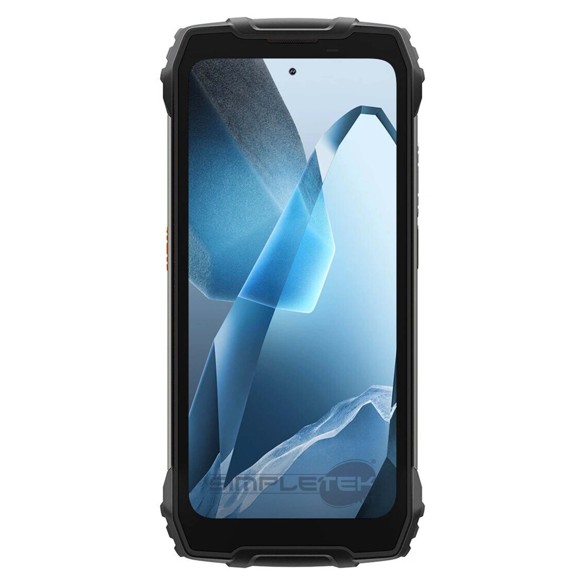 Uno smartphone robusto con cornice protettiva nera e sfondo astratto blu sullo schermo.