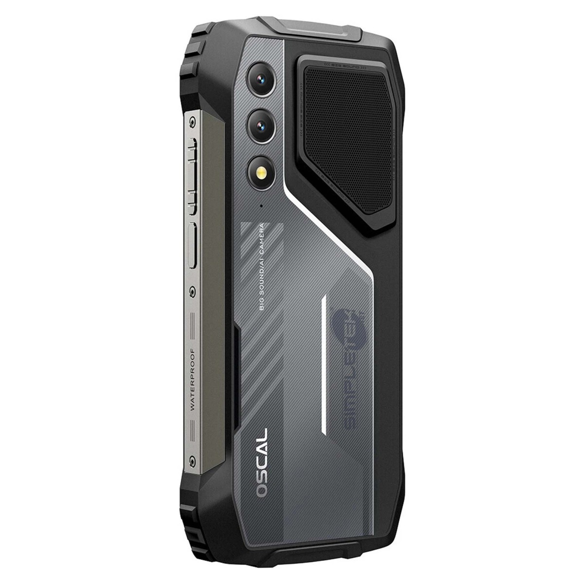 Il retro di uno smartphone Oscal nero e robusto con tripla fotocamera e un grande altoparlante.
