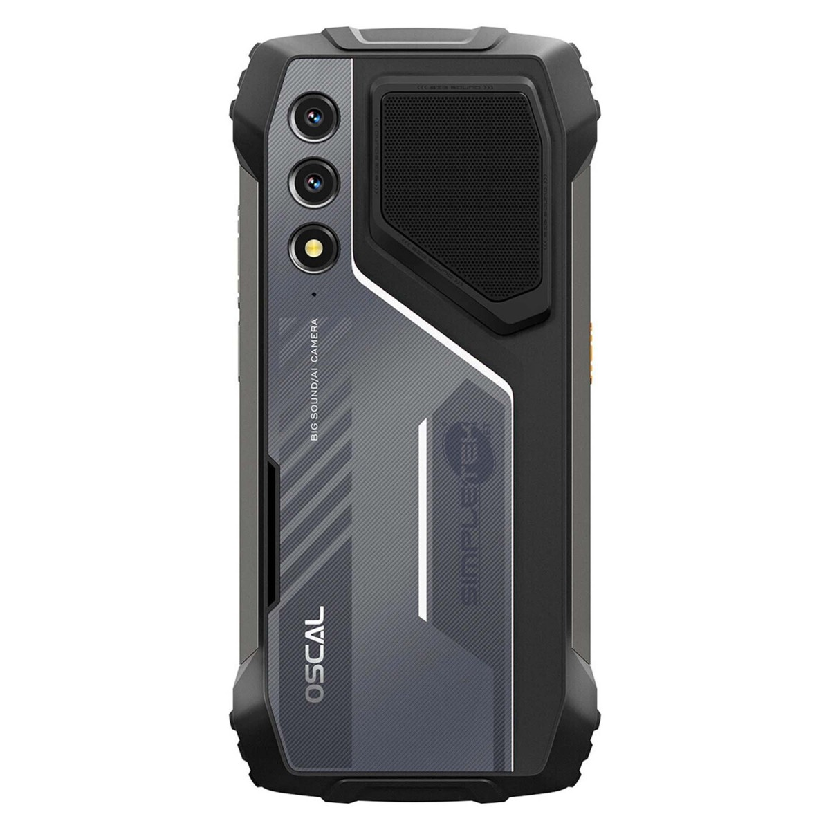 Retro di uno smartphone rugged Oscal con tripla fotocamera, grande altoparlante e design grigio e nero.