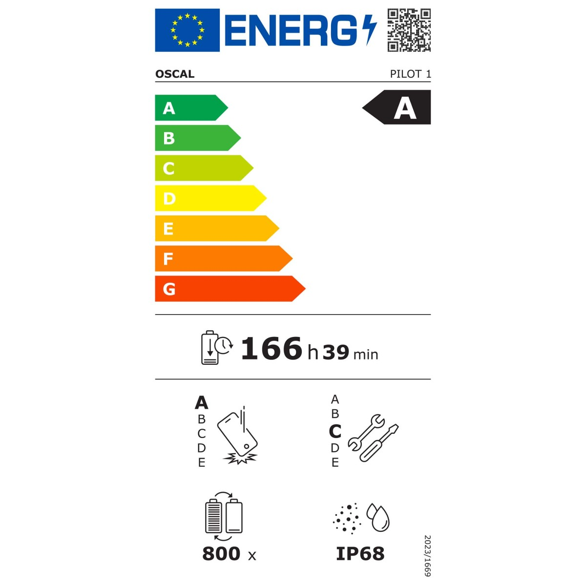 Etichetta energetica UE con scala A-G che mostra classe A, batteria, resistenza e IP68.