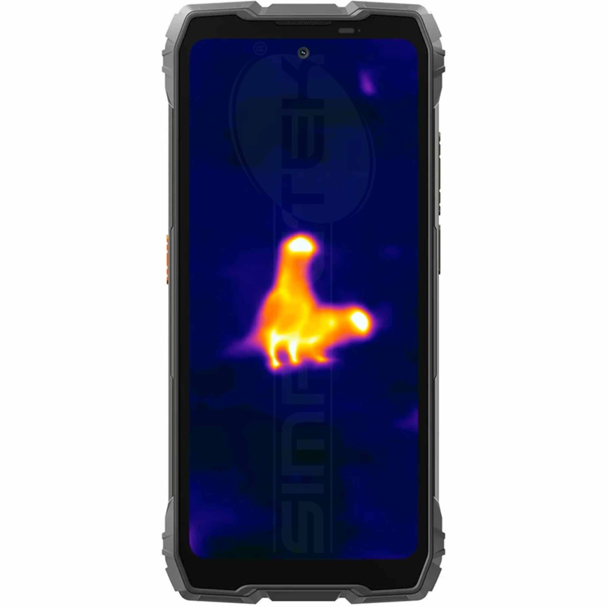 Uno smartphone rugged mostra l'immagine termica di un gatto in giallo e arancione su sfondo scuro.