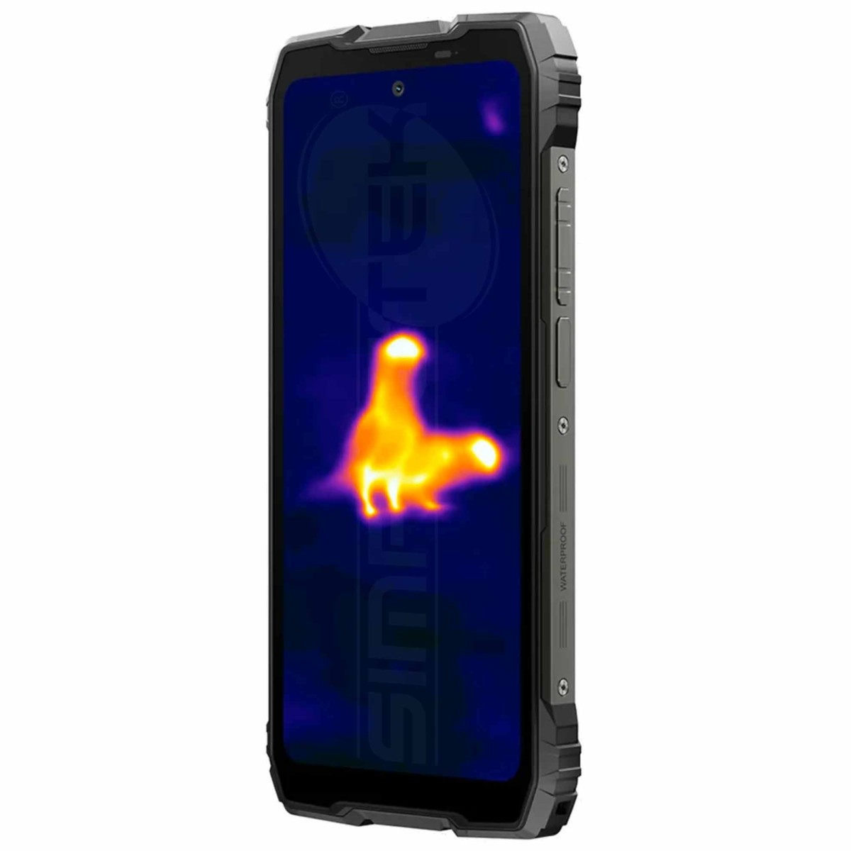 Uno smartphone robusto mostra un'immagine termica sullo schermo su sfondo bianco.