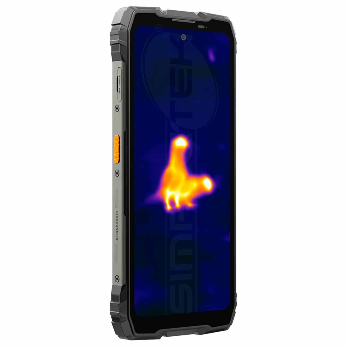 Uno smartphone grigio e robusto mostra un'immagine termica di un gatto sullo schermo su sfondo bianco.