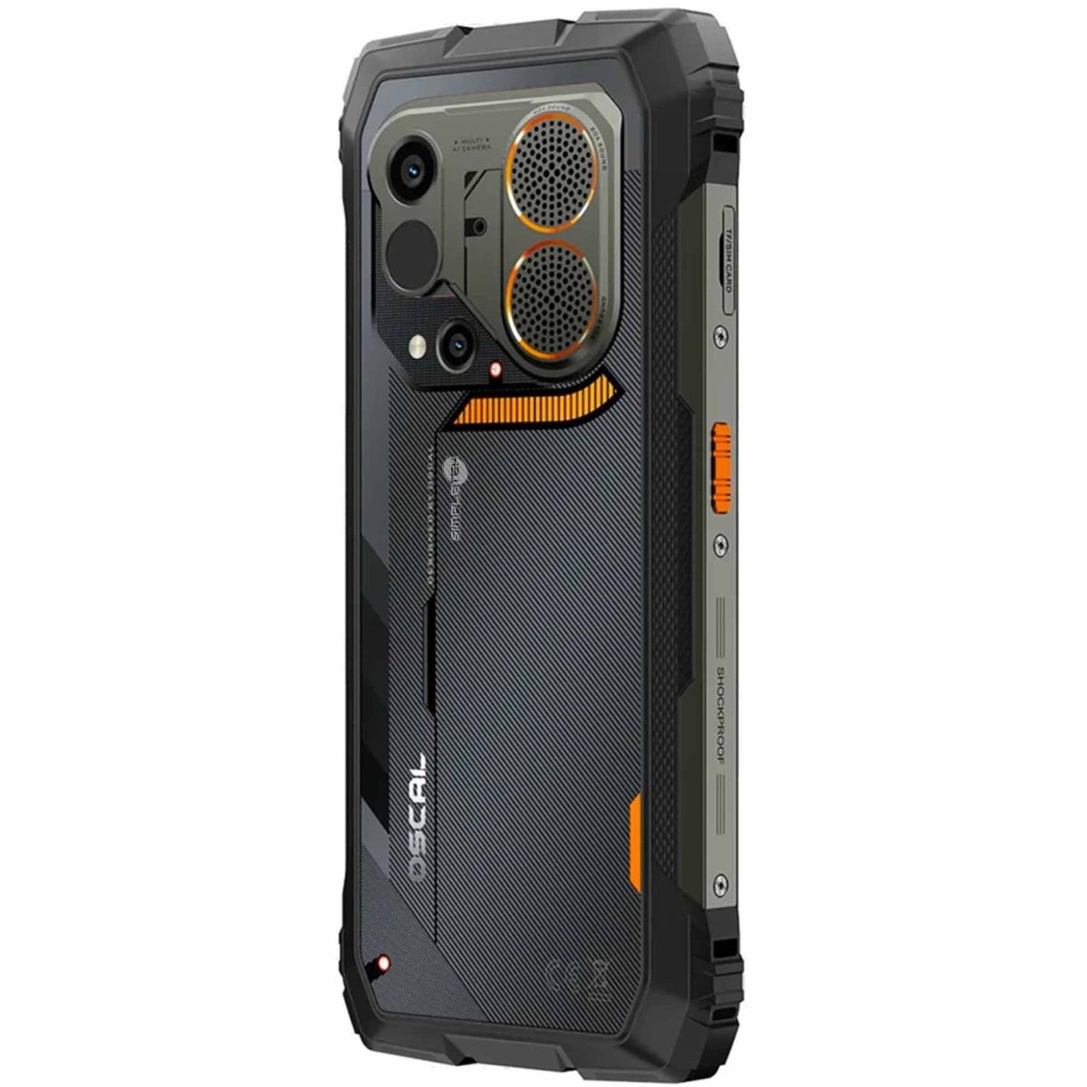 Retro di uno smartphone nero rugged con dettagli arancioni, doppia fotocamera e custodia con texture.