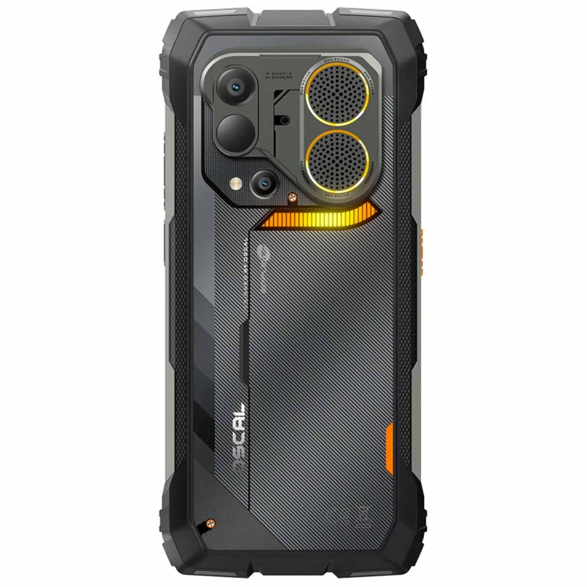 Retro di uno smartphone nero robusto con due altoparlanti rotondi, fotocamere multiple e dettagli gialli.