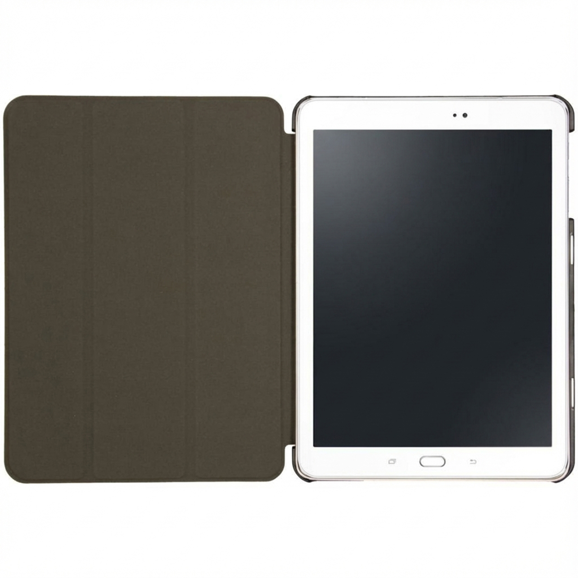 A white tablet with a black screen stands open next to a dark, three-fold case.