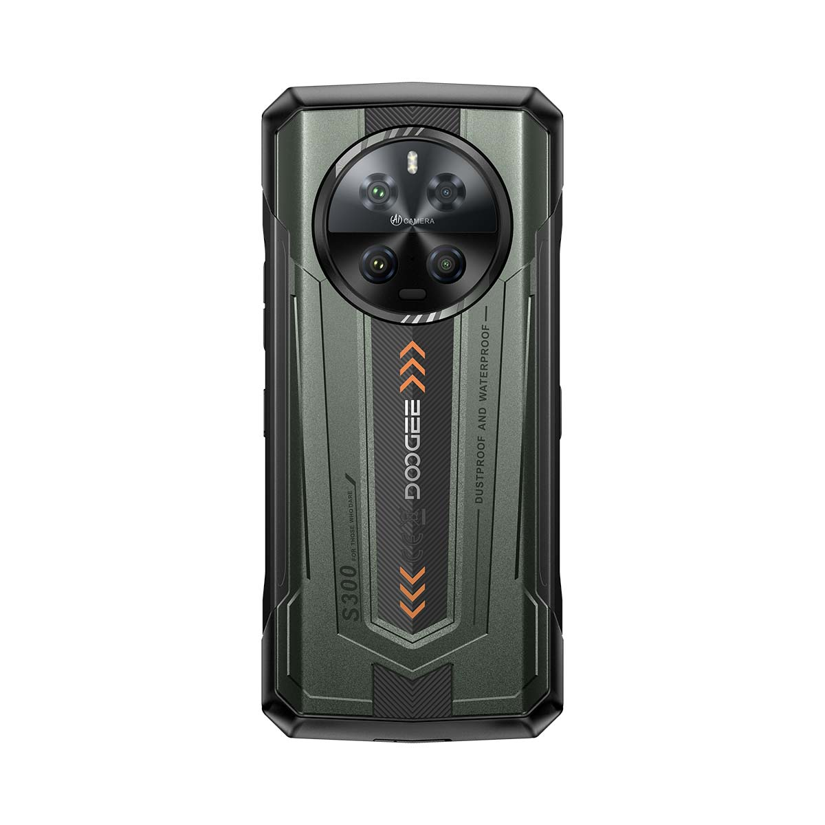 Retro di uno smartphone rugged verde Doogee S300 con un modulo fotocamera circolare.