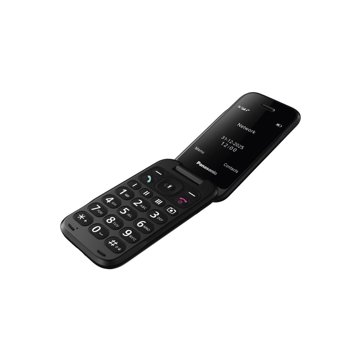 Un telefono a conchiglia nero con tastiera fisica e schermo aperto su sfondo bianco.
