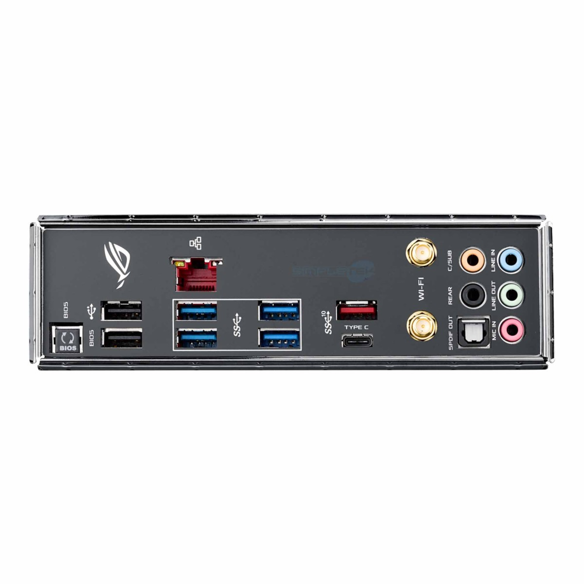 Pannello posteriore di una scheda madre con porte USB, Ethernet, antenne Wi-Fi e jack audio.