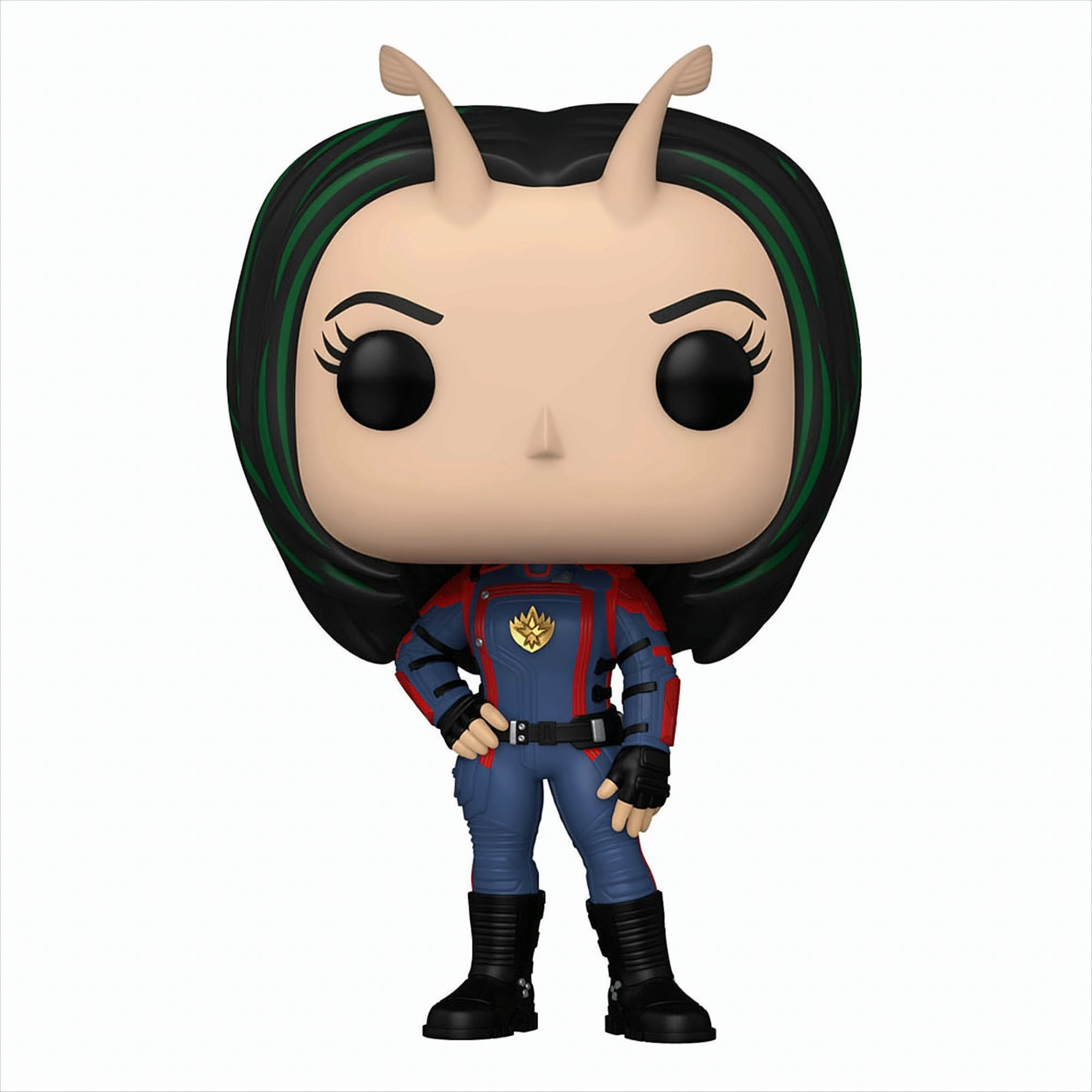 Figura Funko Pop de Mantis con antenas y traje espacial azul y rojo sobre fondo blanco.