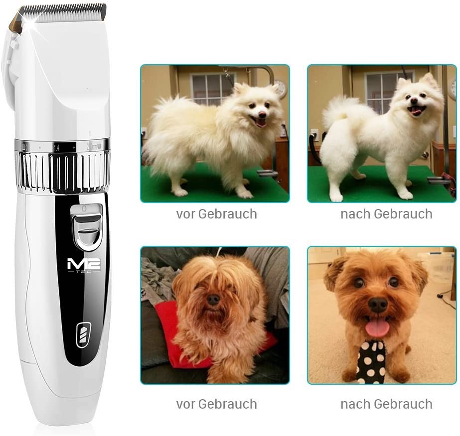 Weiße Haarschneidemaschine neben Vorher-Nachher-Fotos von Hunden.