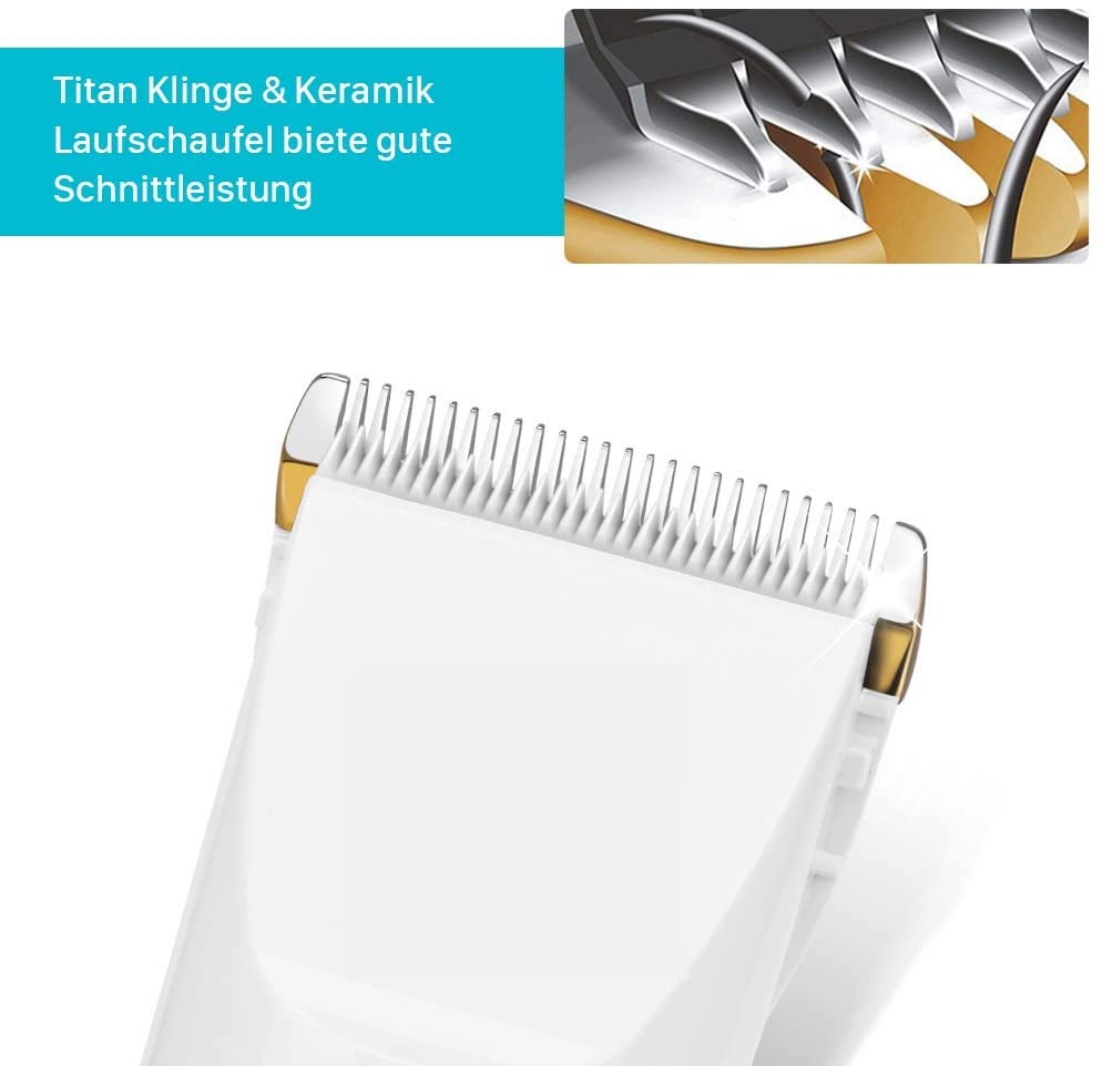 Titan- und Keramikklingen eines Haarschneiders mit Textfeld in Deutsch.