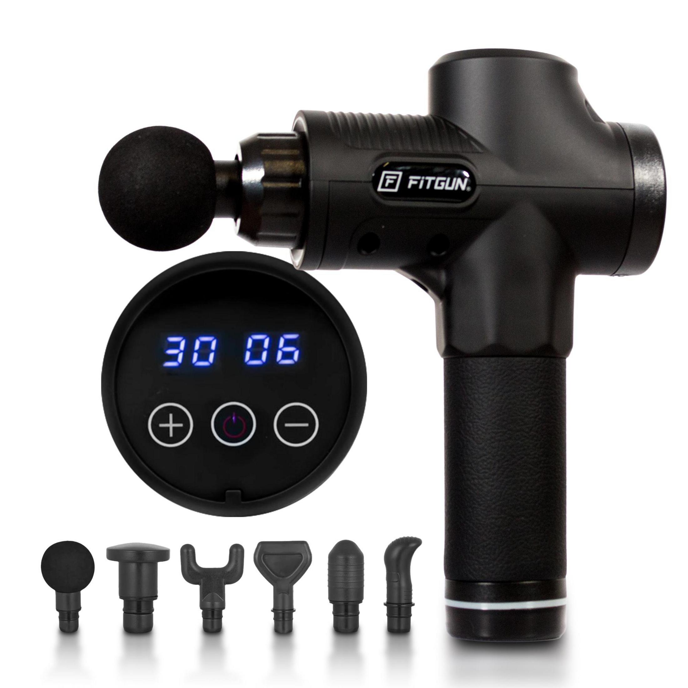 Pistola da massaggio Fitgun nera con testa rotonda, display digitale e sei accessori intercambiabili.