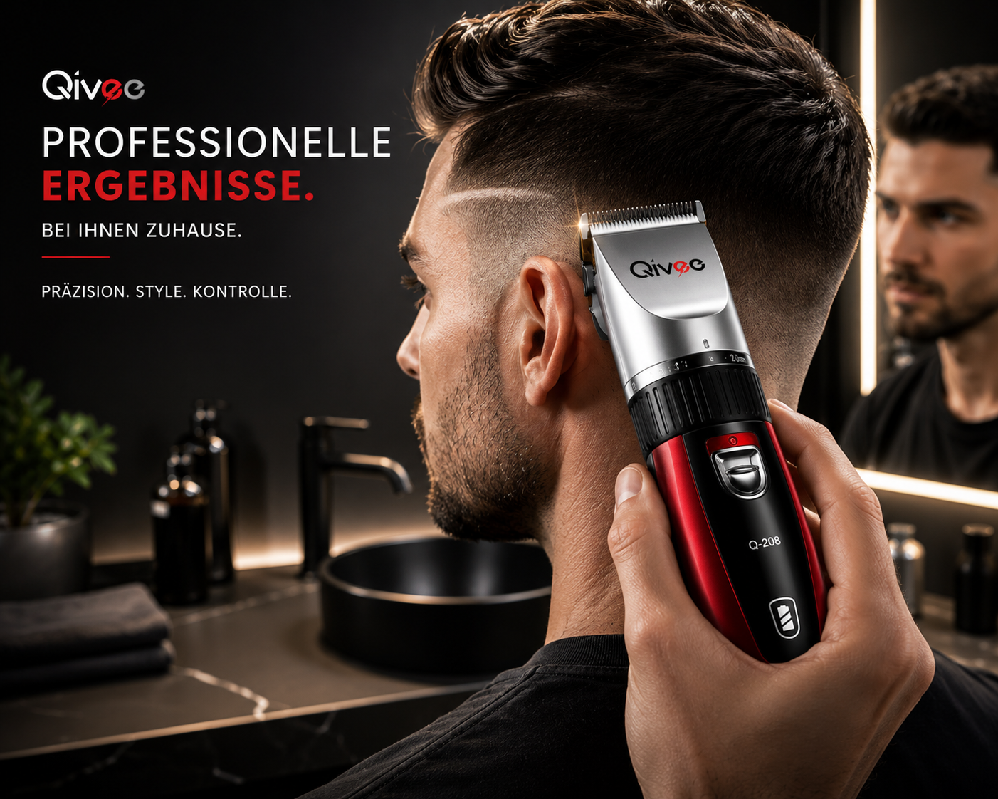 Ein Mann schneidet sich die Haare mit einer rot-schwarzen Qivee Haarschneidemaschine.