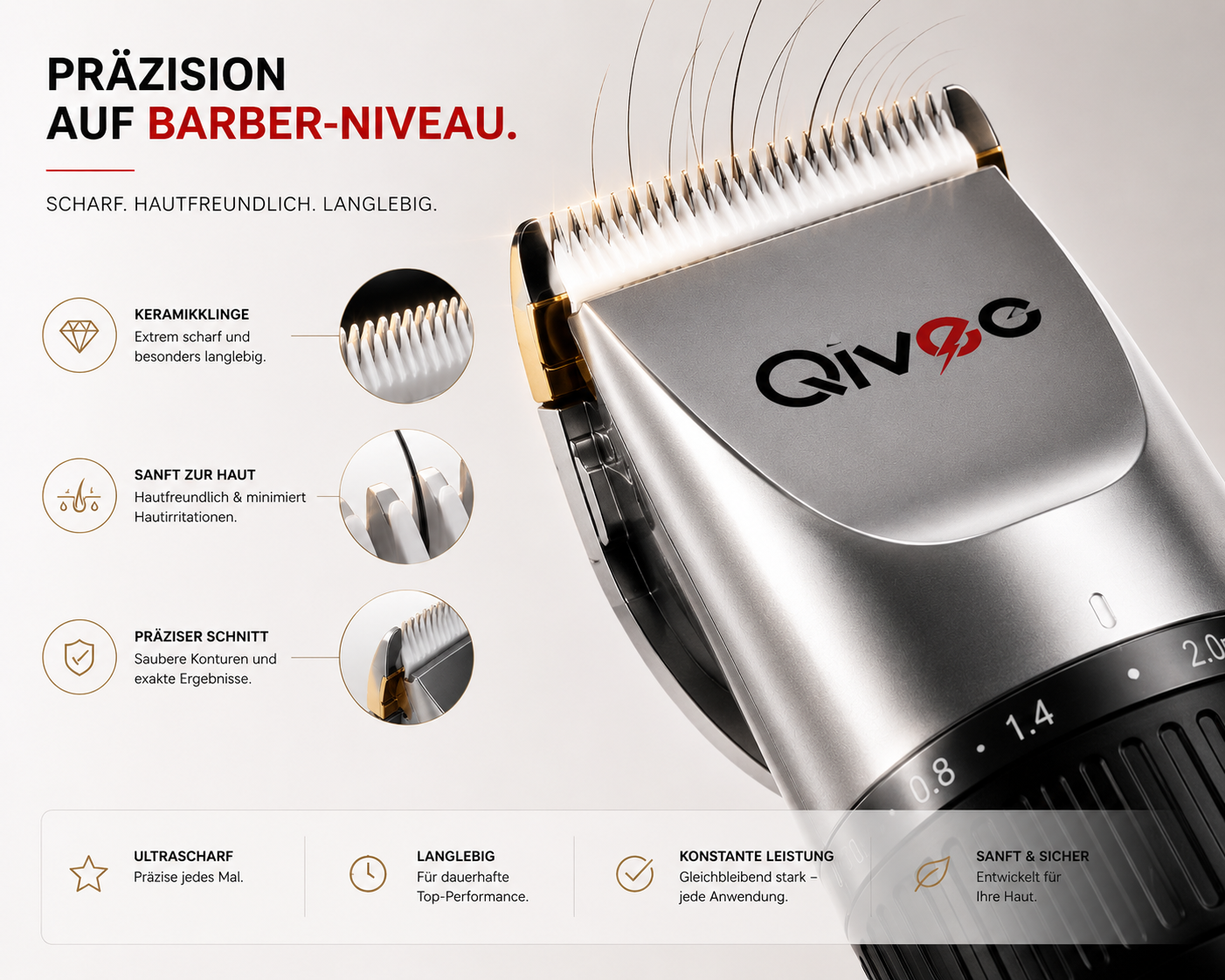 Haarschneidemaschine mit Qivec Logo, Keramikklinge schneidet Haare präzise vor hellem Hintergrund mit Infografiken.