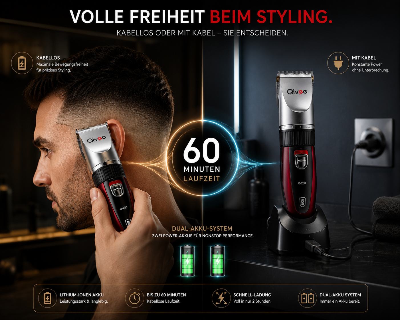 Ein Mann benutzt einen Qivee Haarschneider, der kabellosen und Kabelbetrieb mit Dual-Akkus und 60 Minuten Laufzeit zeigt.